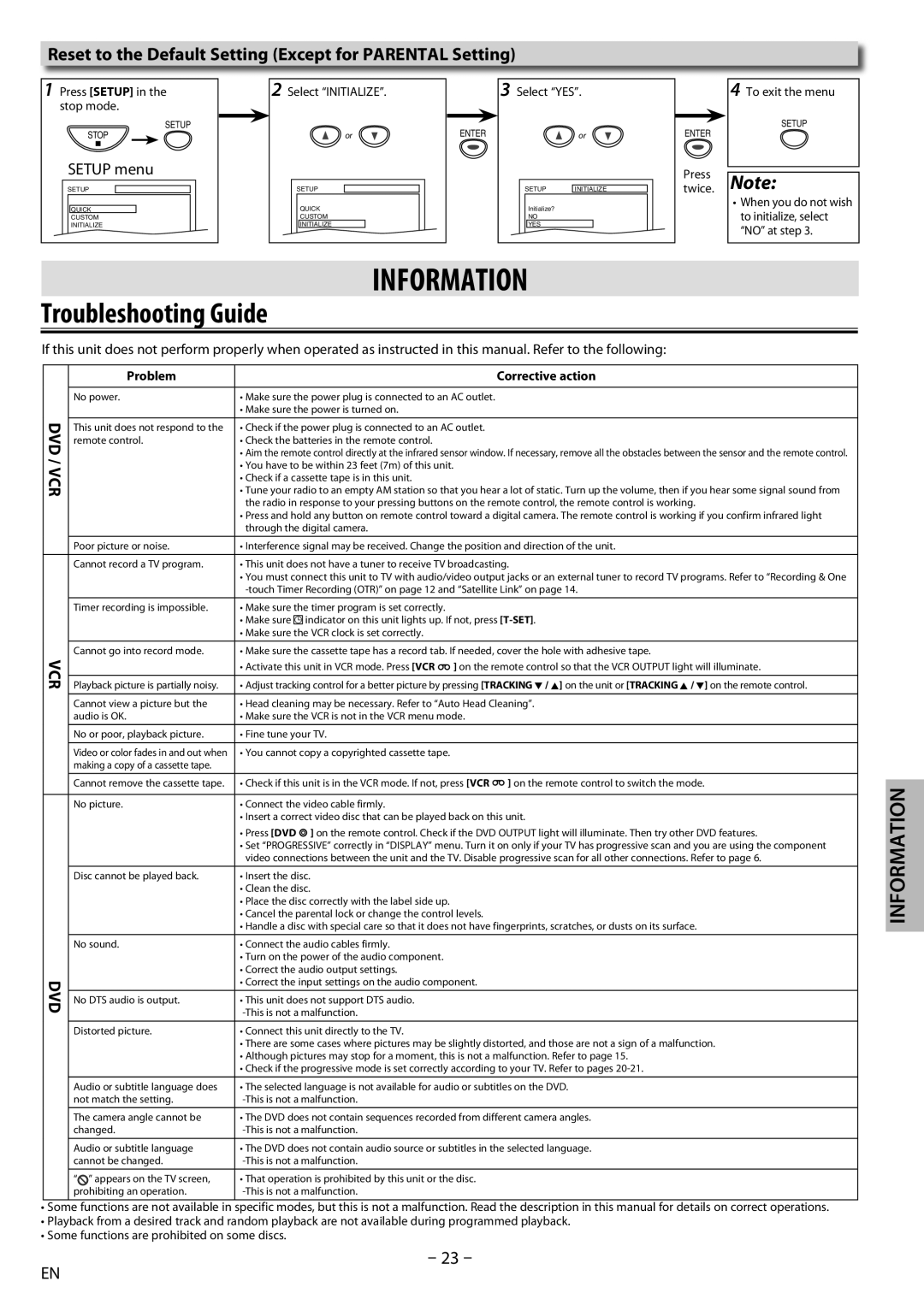 Sylvania dv220sl8 Information, Troubleshooting Guide, Reset to the Default Setting Except for Parental Setting, Vcr, Dvd 