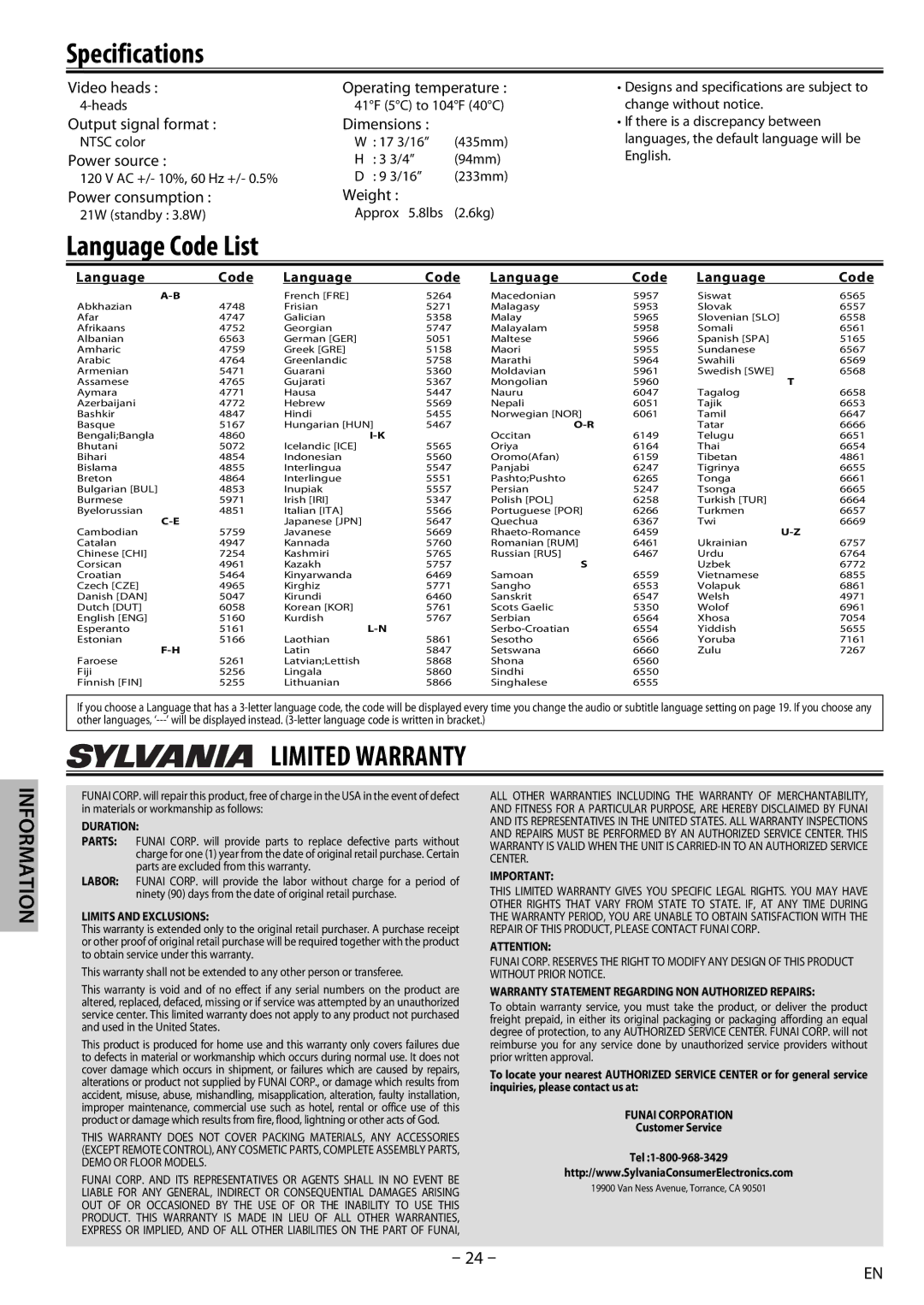 Sylvania dv220sl8 owner manual Specifications, Language Code 