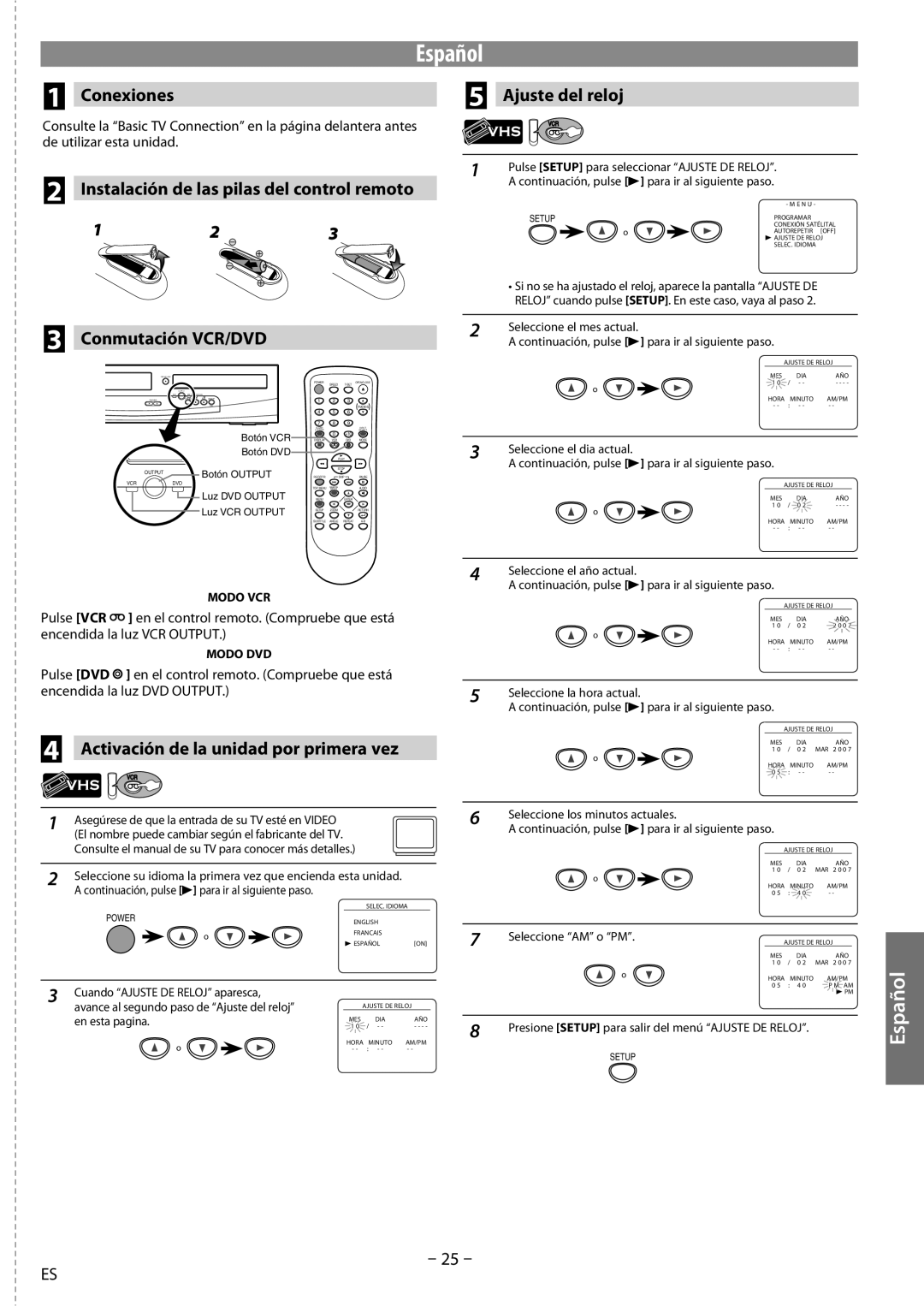 Sylvania dv220sl8 Conexiones Ajuste del reloj, Instalación de las pilas del control remoto, Conmutación VCR/DVD 