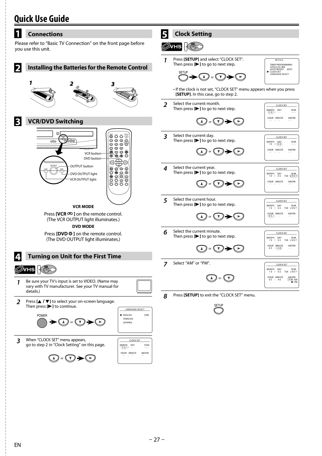 Sylvania dv220sl8 Quick Use Guide, Connections, VCR/DVD Switching, Installing the Batteries for the Remote Control 