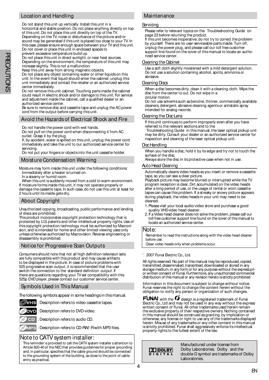 Sylvania dv220sl8 Location and Handling, Avoid the Hazards of Electrical Shock and Fire, Moisture Condensation Warning 