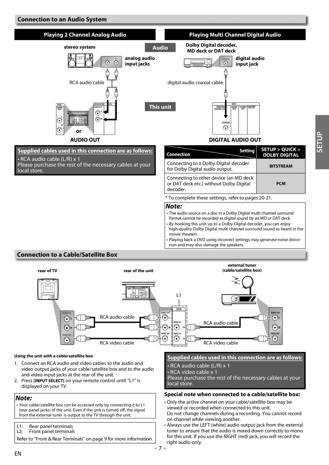 Sylvania dv220sl8 owner manual Connection to an Audio System, Connection to a Cable/Satellite Box 