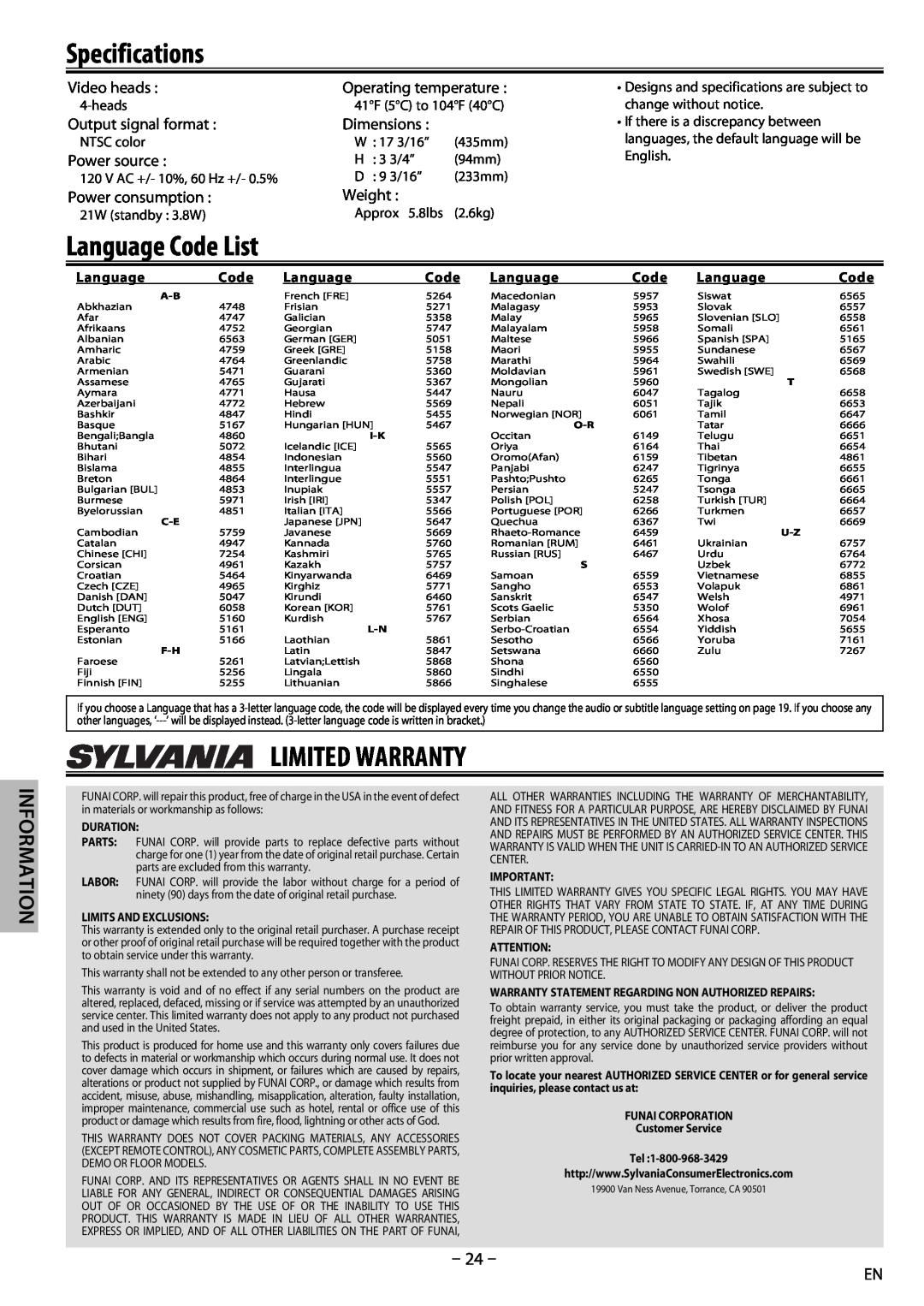 Sylvania dv220sl8 owner manual Specifications, Limited Warranty, Language Code List, Information 