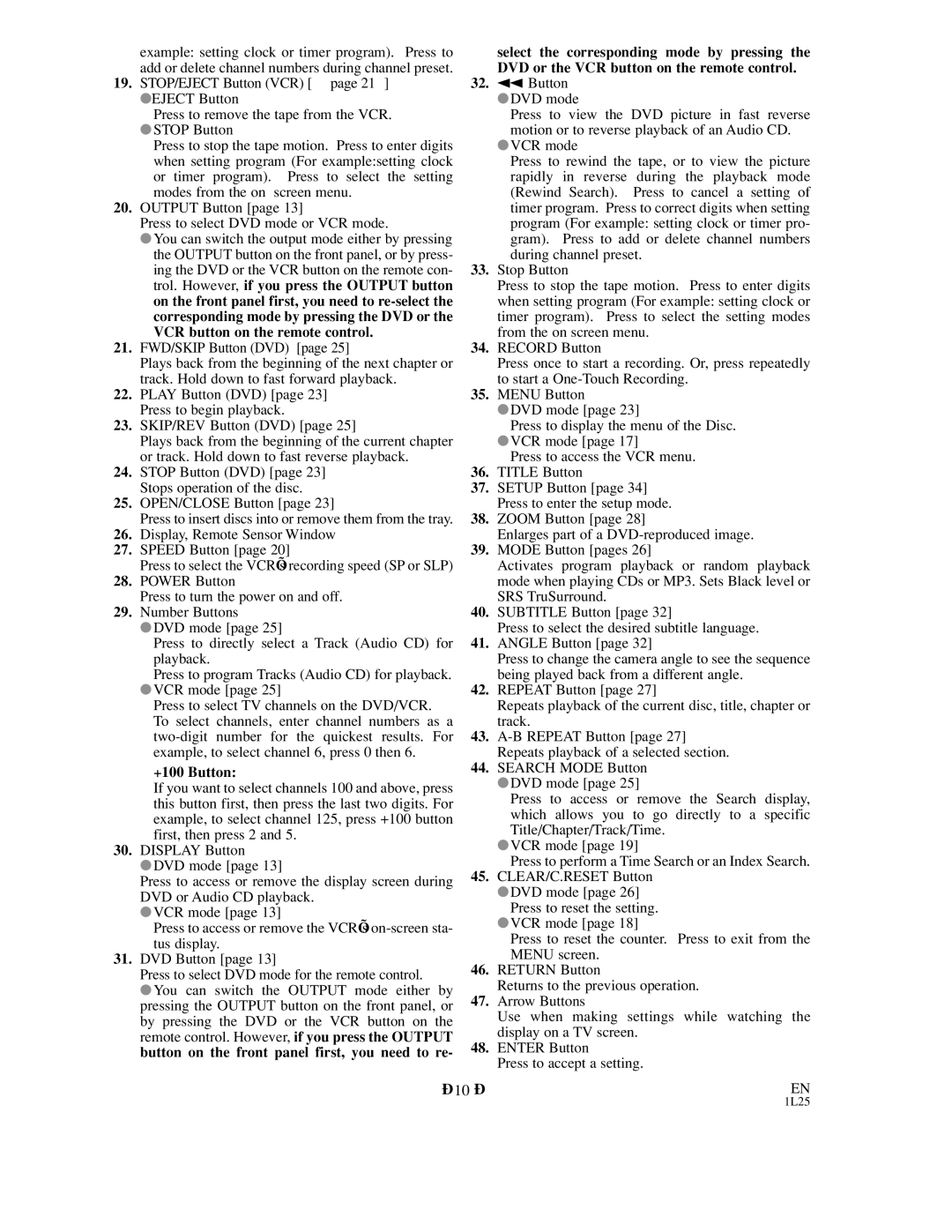 Sylvania DVC800C STOP/EJECT Button VCR page 21 Eject Button, Stop Button, Output Button, FWD/SKIP Button DVD, VCR mode 