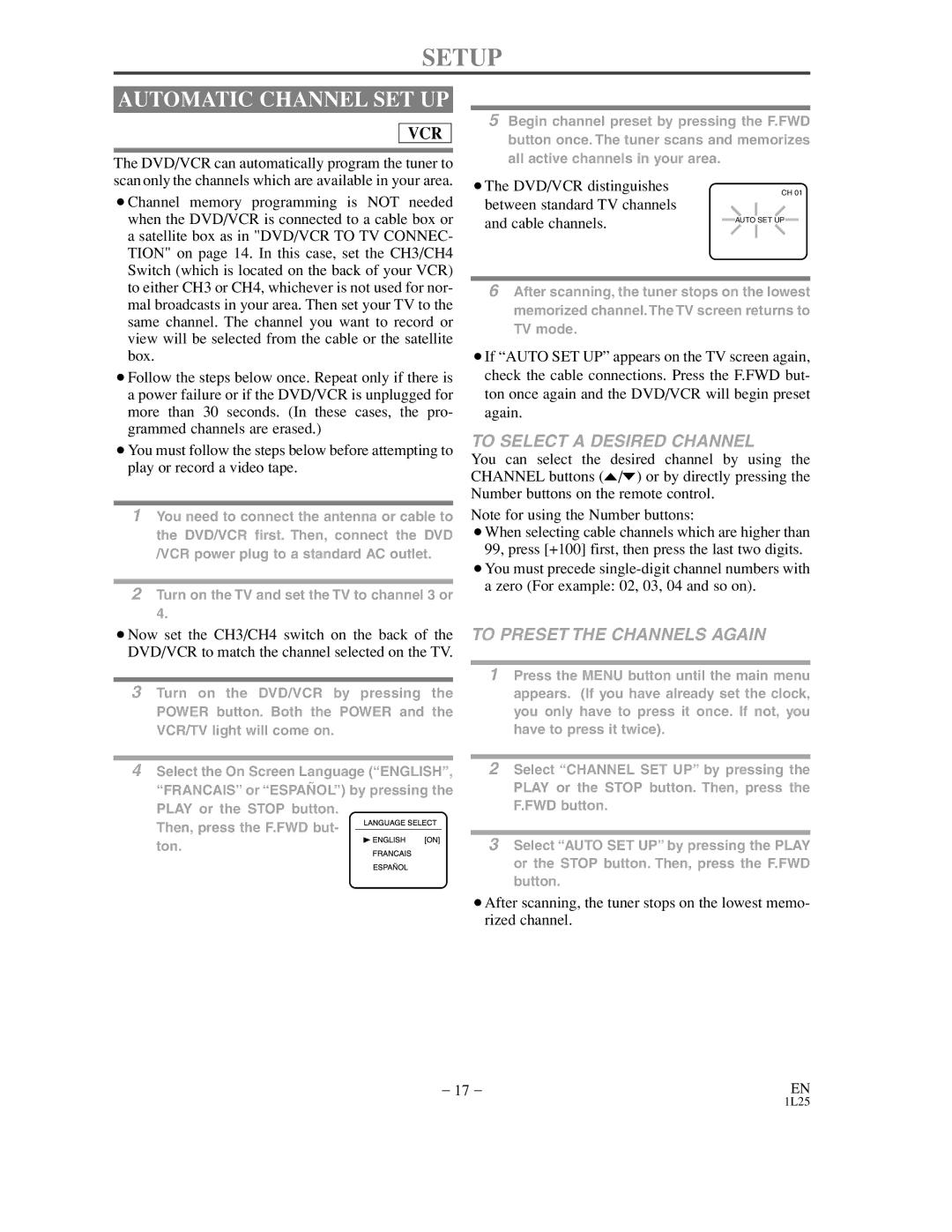 Sylvania DVC800C owner manual Automatic Channel SET UP, To Select a Desired Channel, To Preset the Channels Again 