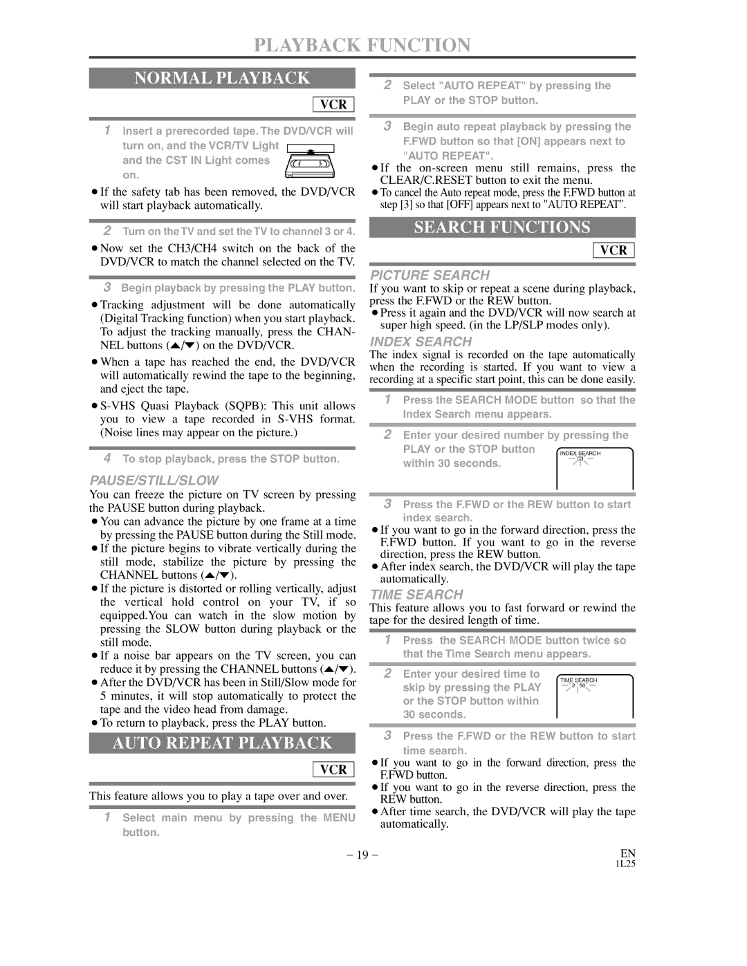 Sylvania DVC800C owner manual Playback Function, Normal Playback, Search Functions, Auto Repeat Playback 