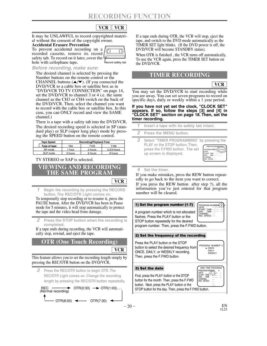 Sylvania DVC800C Recording Function, Timer Recording, Viewing and Recording Same Program, OTR One Touch Recording 