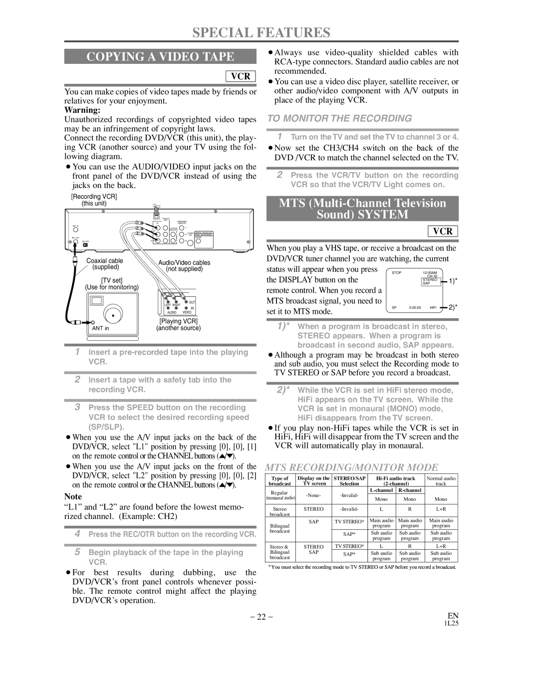 Sylvania DVC800C owner manual Copying a Video Tape, MTS Multi-Channel Television Sound System, To Monitor the Recording 