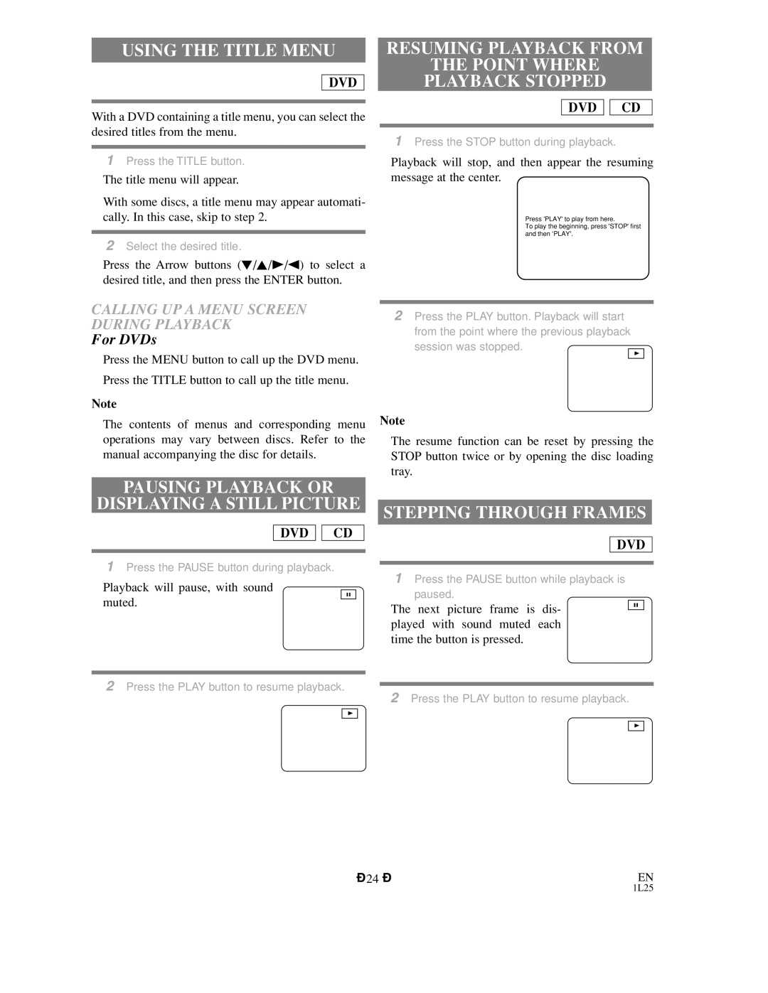 Sylvania DVC800C owner manual Using the Title Menu, Pausing Playback or Displaying a Still Picture, Stepping Through Frames 