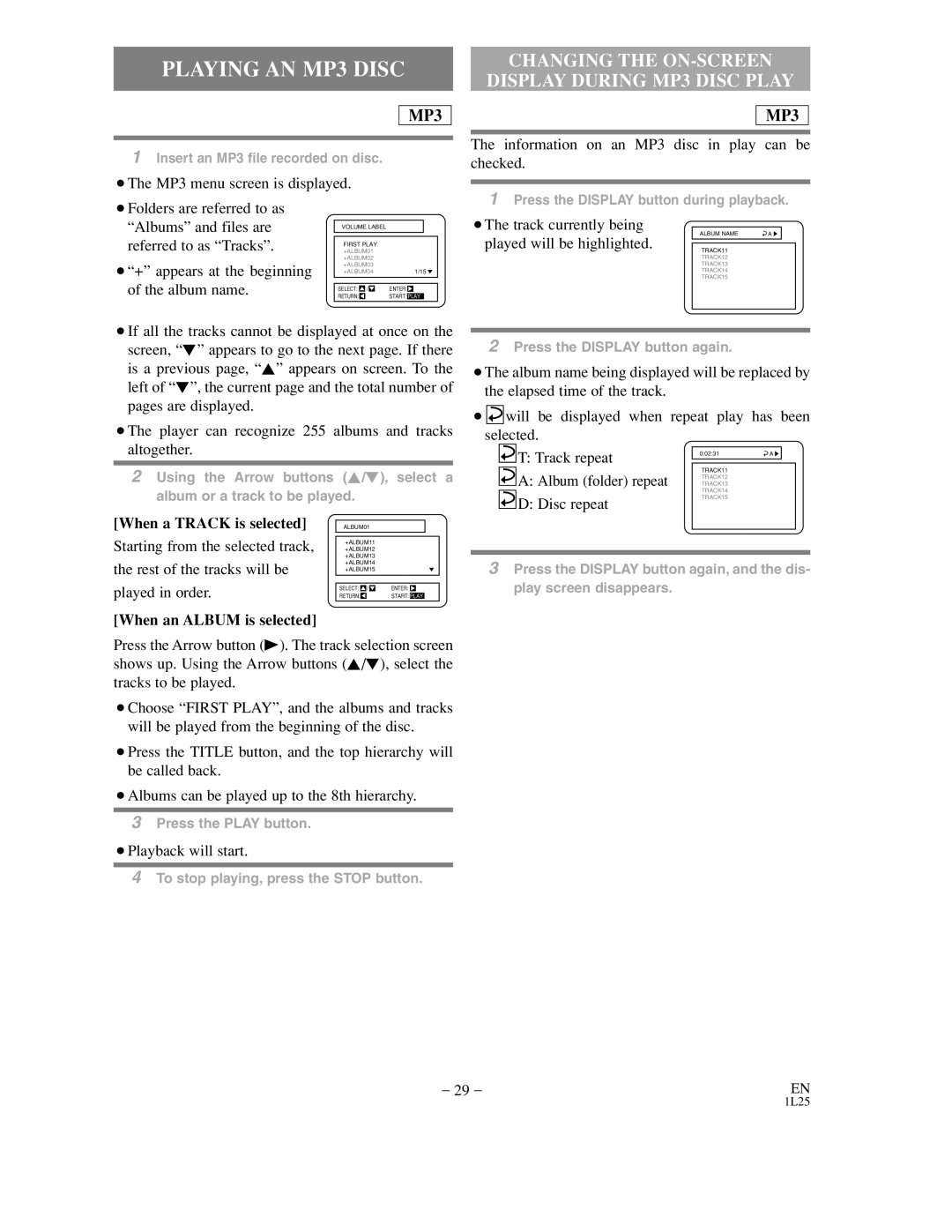 Sylvania DVC800C owner manual Playing AN MP3 Disc, When a Track is selected, When an Album is selected 