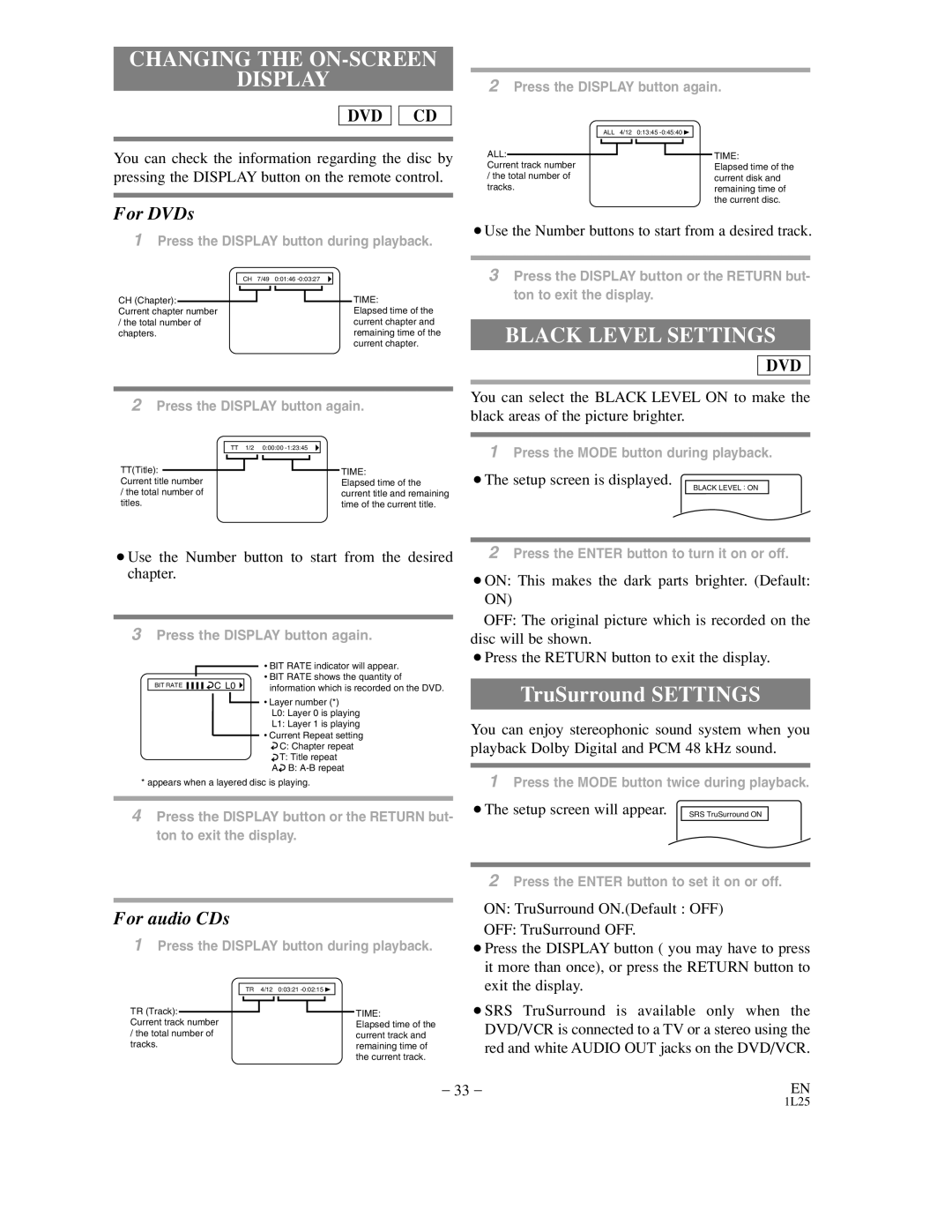 Sylvania DVC800C owner manual Changing the ON-SCREEN Display, Black Level Settings, TruSurround Settings 