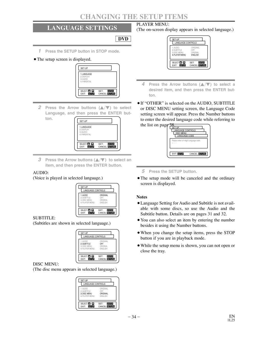 Sylvania DVC800C owner manual Changing the Setup Items, Language Settings 