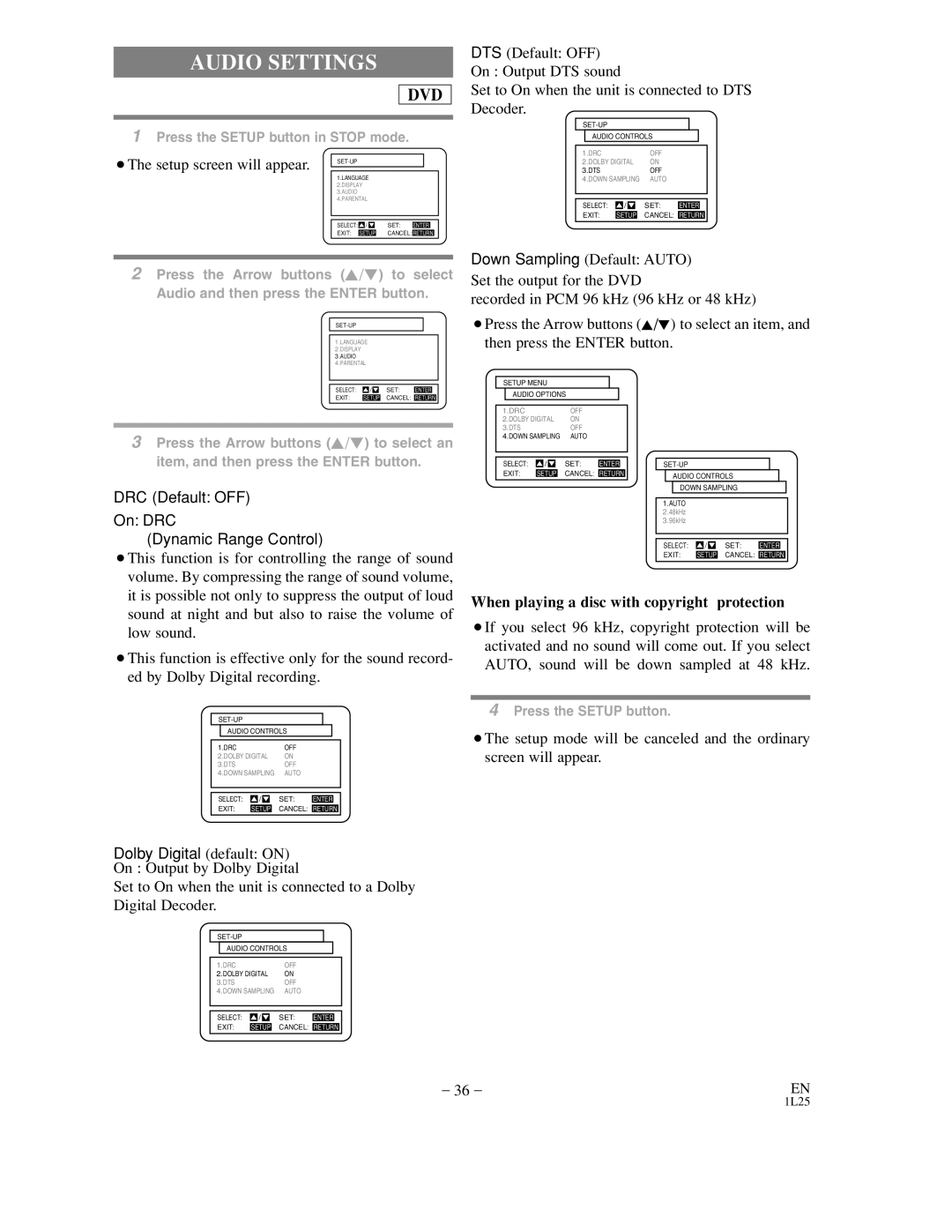 Sylvania DVC800C owner manual Audio Settings, When playing a disc with copyright protection 