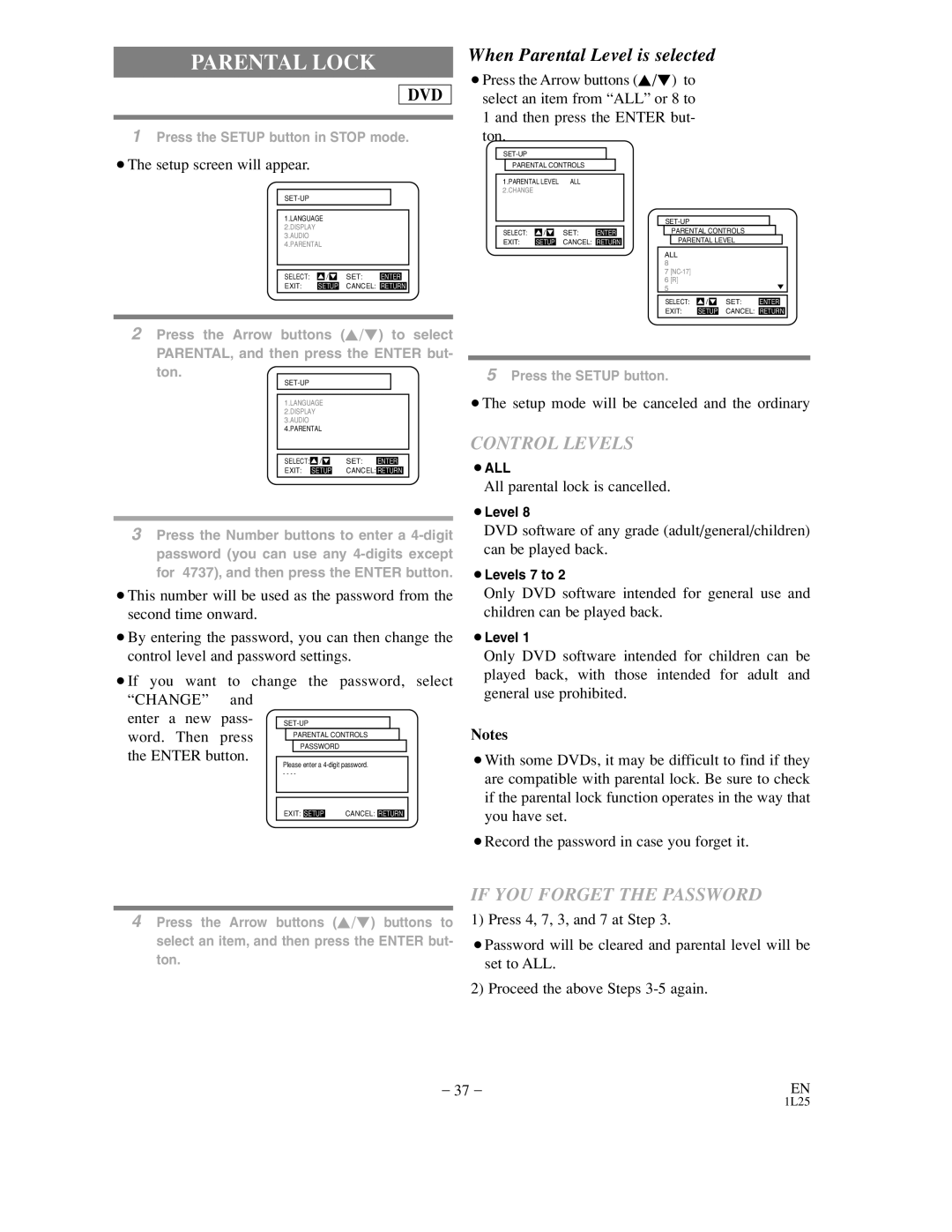 Sylvania DVC800C Parental Lock, ¡The setup mode will be canceled and the ordinary, All parental lock is cancelled 