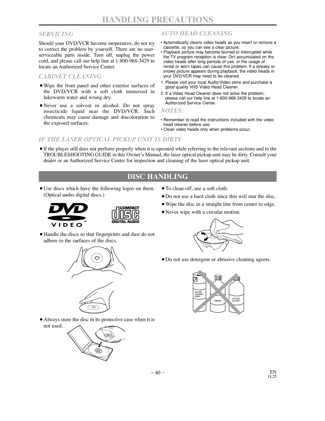 Sylvania DVC800C owner manual Handling Precautions, Disc Handling 