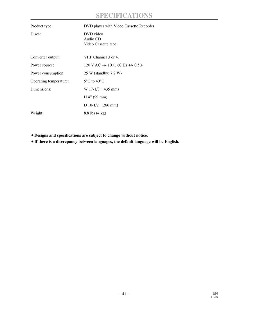 Sylvania DVC800C owner manual Specifications 