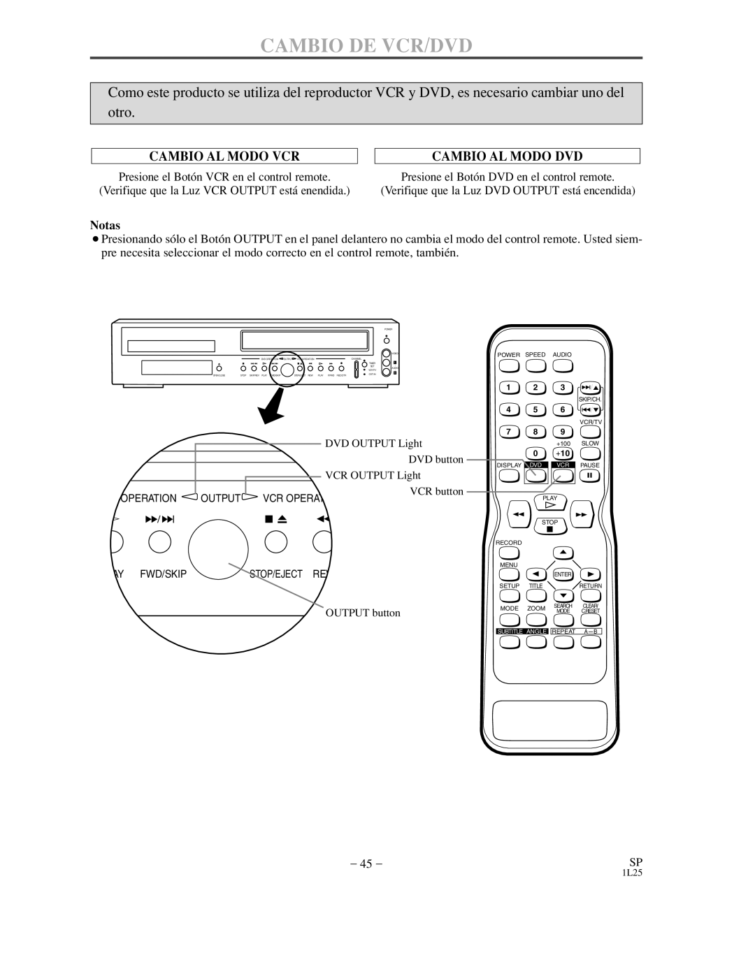 Sylvania DVC800C owner manual Cambio DE VCR/DVD, Cambio AL Modo VCR 