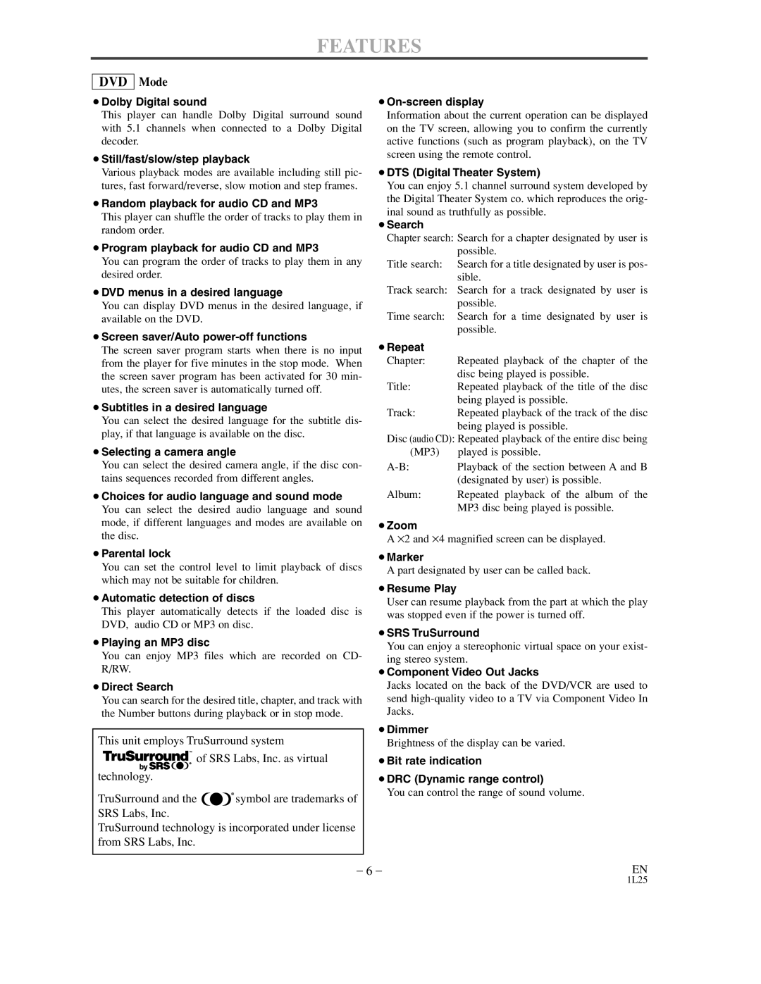 Sylvania DVC800C owner manual Features, DVD Mode 