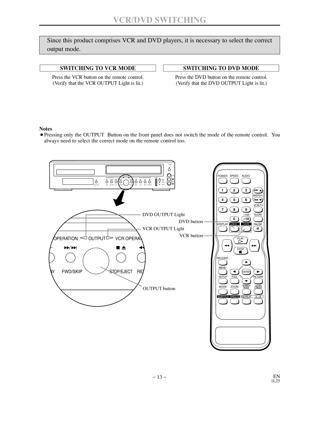 Sylvania DVC800CC owner manual VCR/DVD Switching, Switching to VCR Mode Switching to DVD Mode 