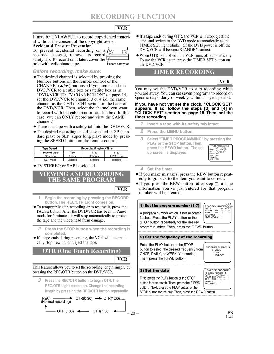 Sylvania DVC800CC Recording Function, Timer Recording, Viewing and Recording Same Program, Accidental Erasure Prevention 