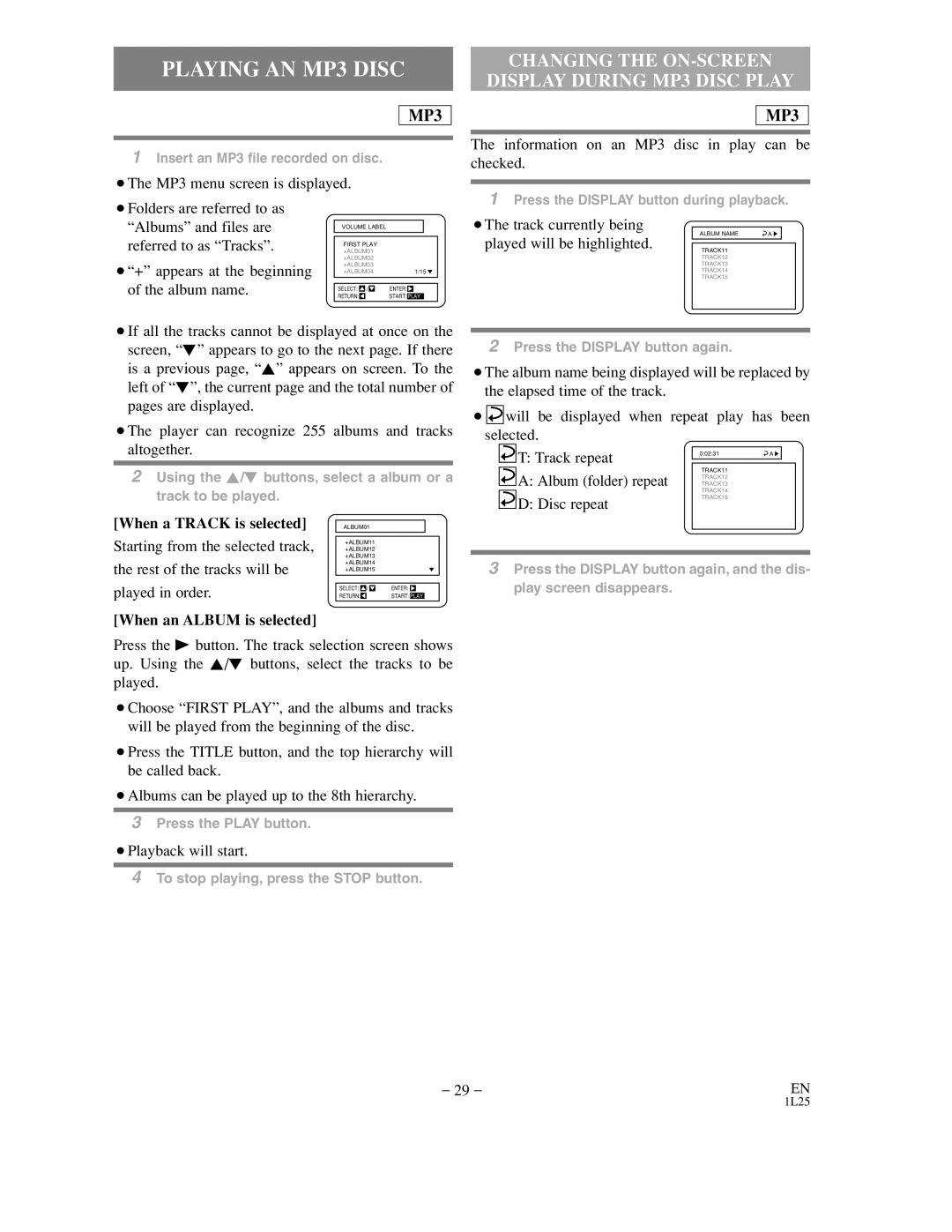 Sylvania DVC800CC owner manual Playing AN MP3 Disc, When a Track is selected, When an Album is selected 