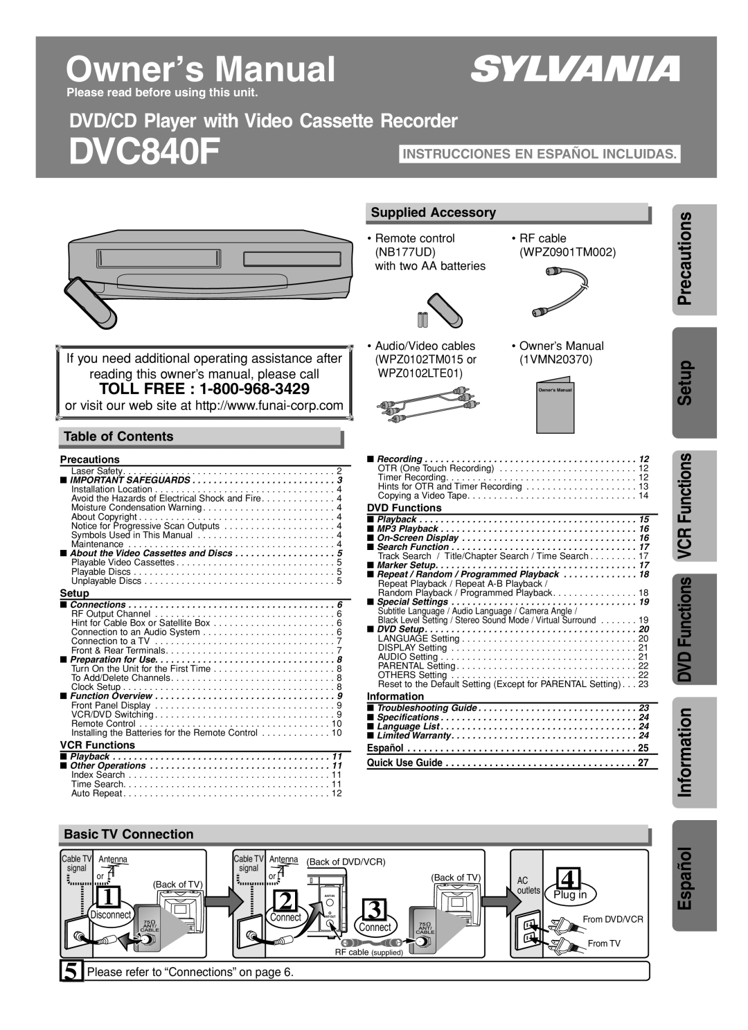 Sylvania DVC840F owner manual Supplied Accessory, Table of Contents, Basic TV Connection 