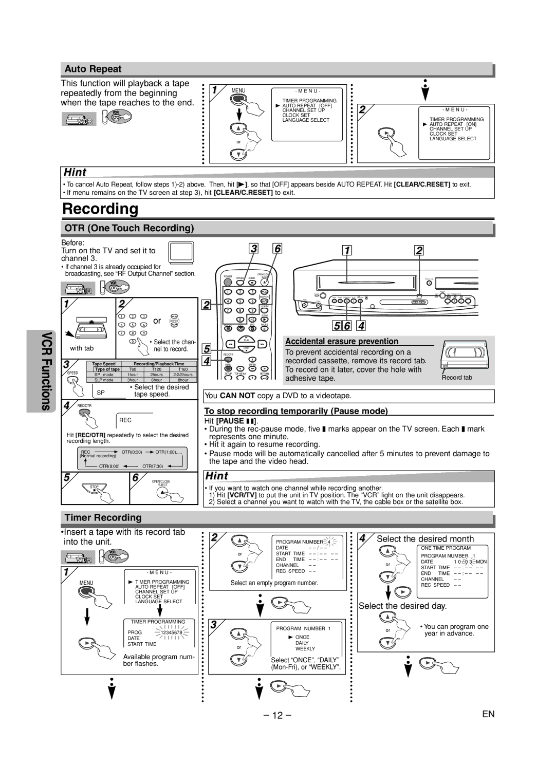 Sylvania DVC840F owner manual Auto Repeat, OTR One Touch Recording, Timer Recording 