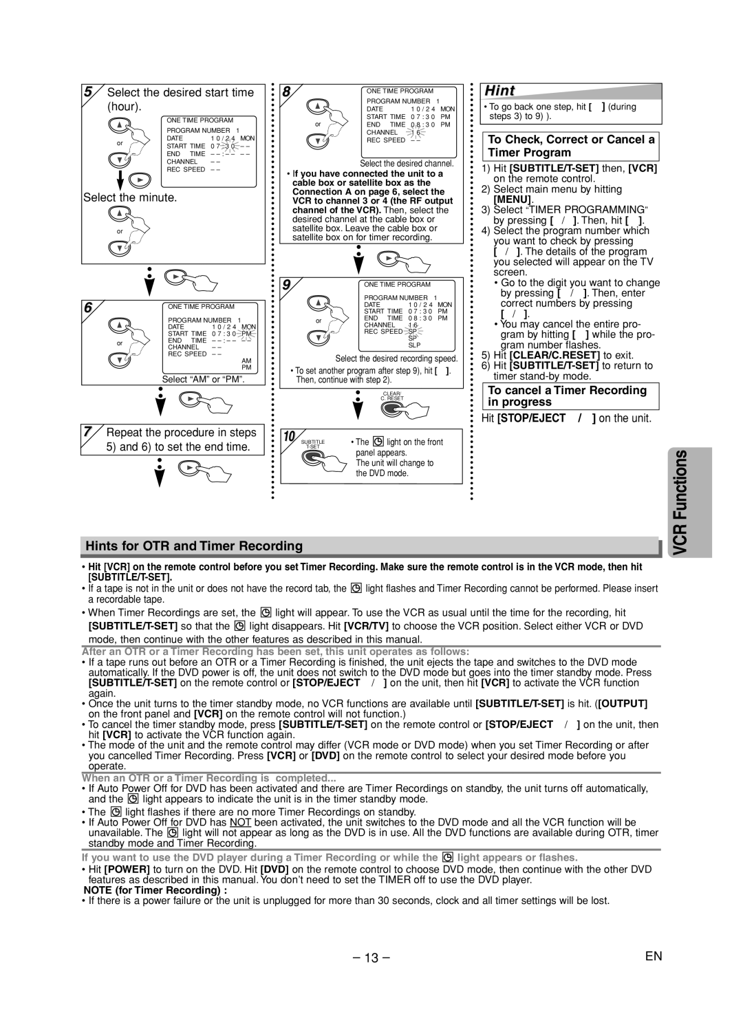 Sylvania DVC840F owner manual Hints for OTR and Timer Recording, To Check, Correct or Cancel a Timer Program 