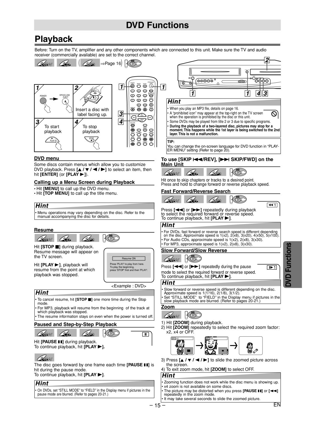 Sylvania DVC840F owner manual DVD Functions Playback 