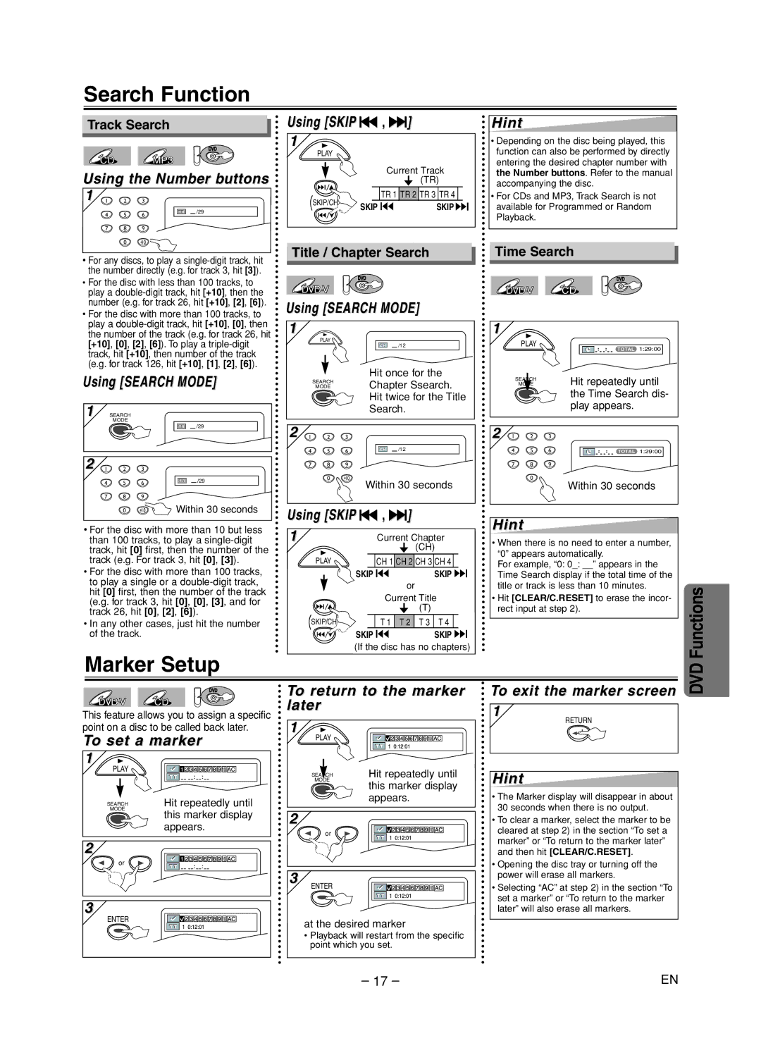 Sylvania DVC840F owner manual Search Function, Marker Setup 