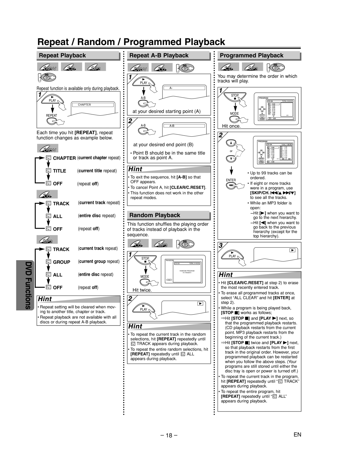 Sylvania DVC840F Repeat / Random / Programmed Playback, Repeat Playback Repeat A-B Playback, Random Playback, Repeat off 