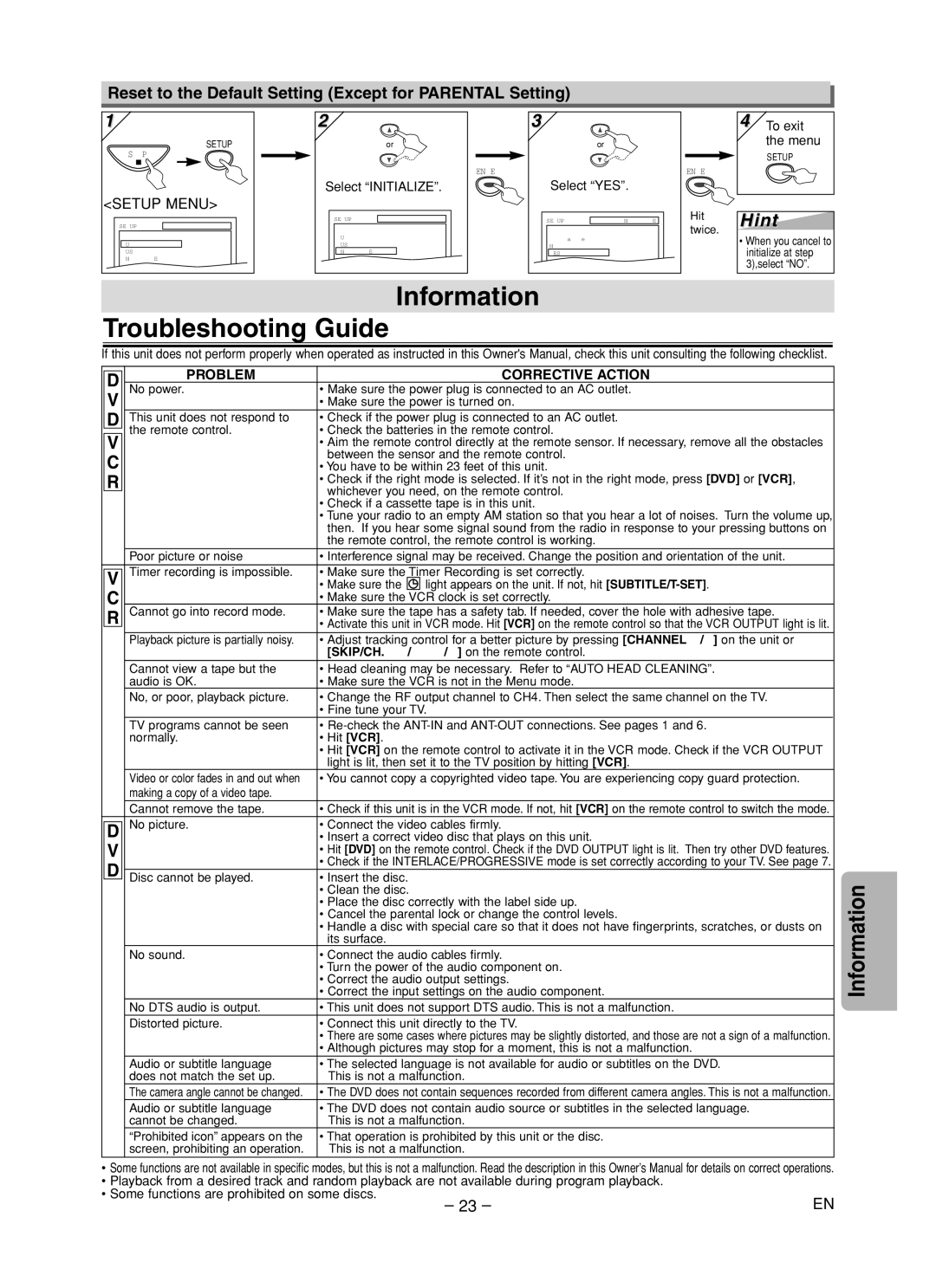 Sylvania DVC840F Information Troubleshooting Guide, Reset to the Default Setting Except for Parental Setting, Select YES 