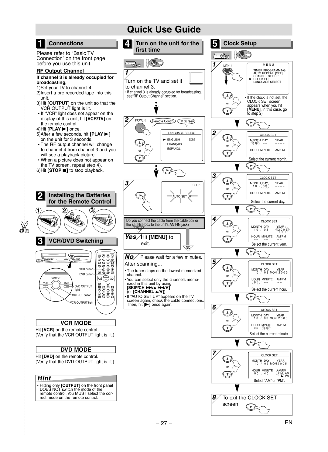 Sylvania DVC840F Quick Use Guide, Connections, Installing the Batteries, For the Remote Control, RF Output Channel 