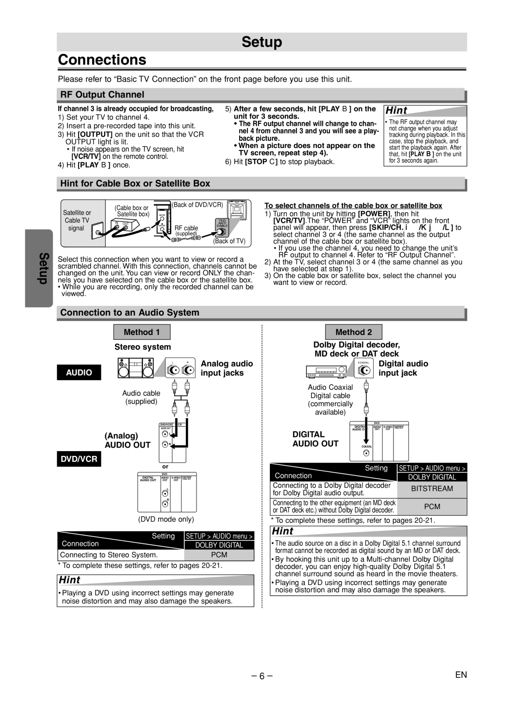 Sylvania DVC840F Setup Connections, RF Output Channel, Hint for Cable Box or Satellite Box, Connection to an Audio System 