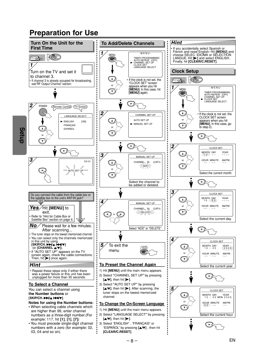 Sylvania DVC840F owner manual Preparation for Use, Turn On the Unit for the First Time, To Add/Delete Channels, Clock Setup 