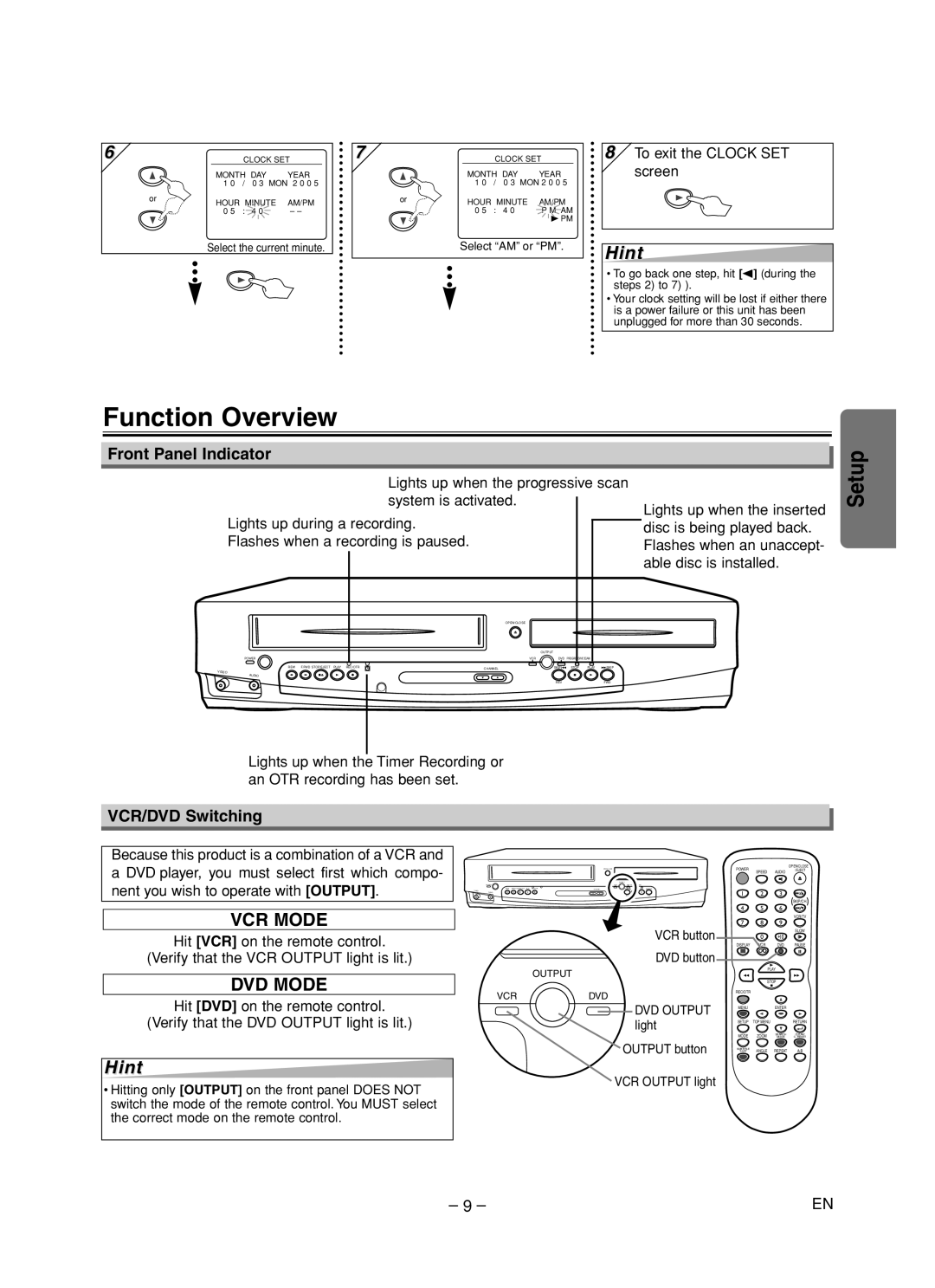 Sylvania DVC840F owner manual Function Overview, Front Panel Indicator, VCR/DVD Switching, To exit the Clock SET screen 