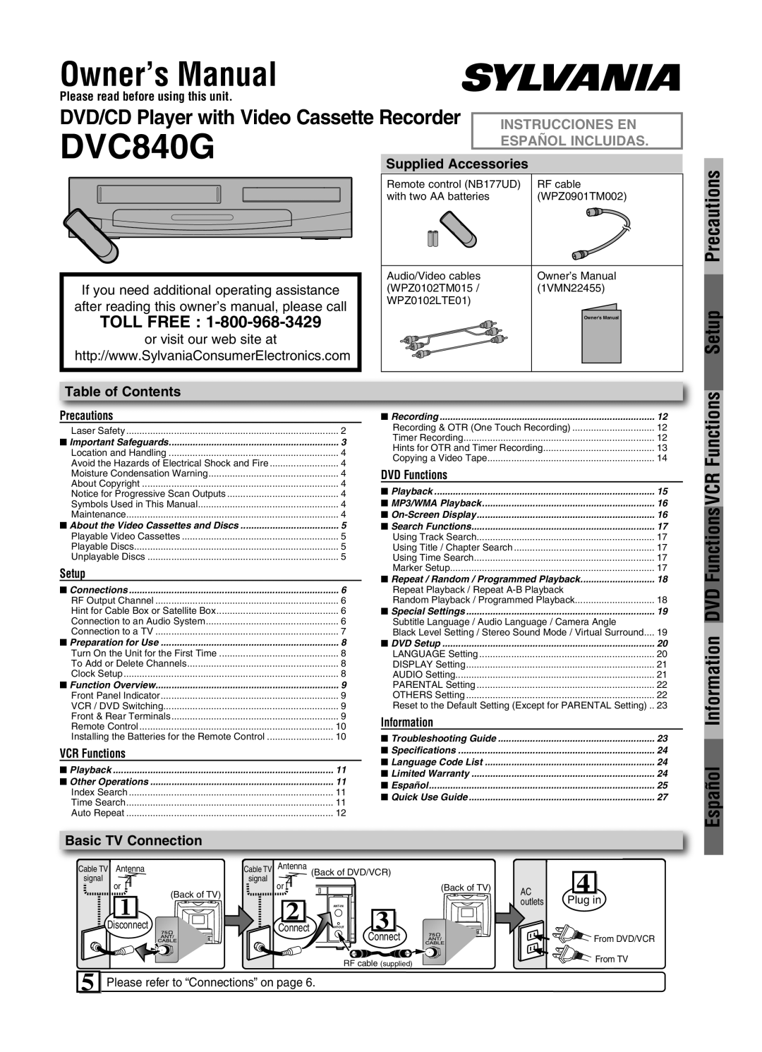 Sylvania DVC840G owner manual Precautions, Setup, Supplied Accessories, Table of Contents, Basic TV Connection 