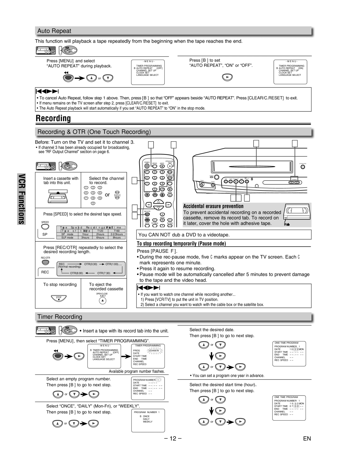 Sylvania DVC840G owner manual Auto Repeat, Recording & OTR One Touch Recording, Timer Recording 