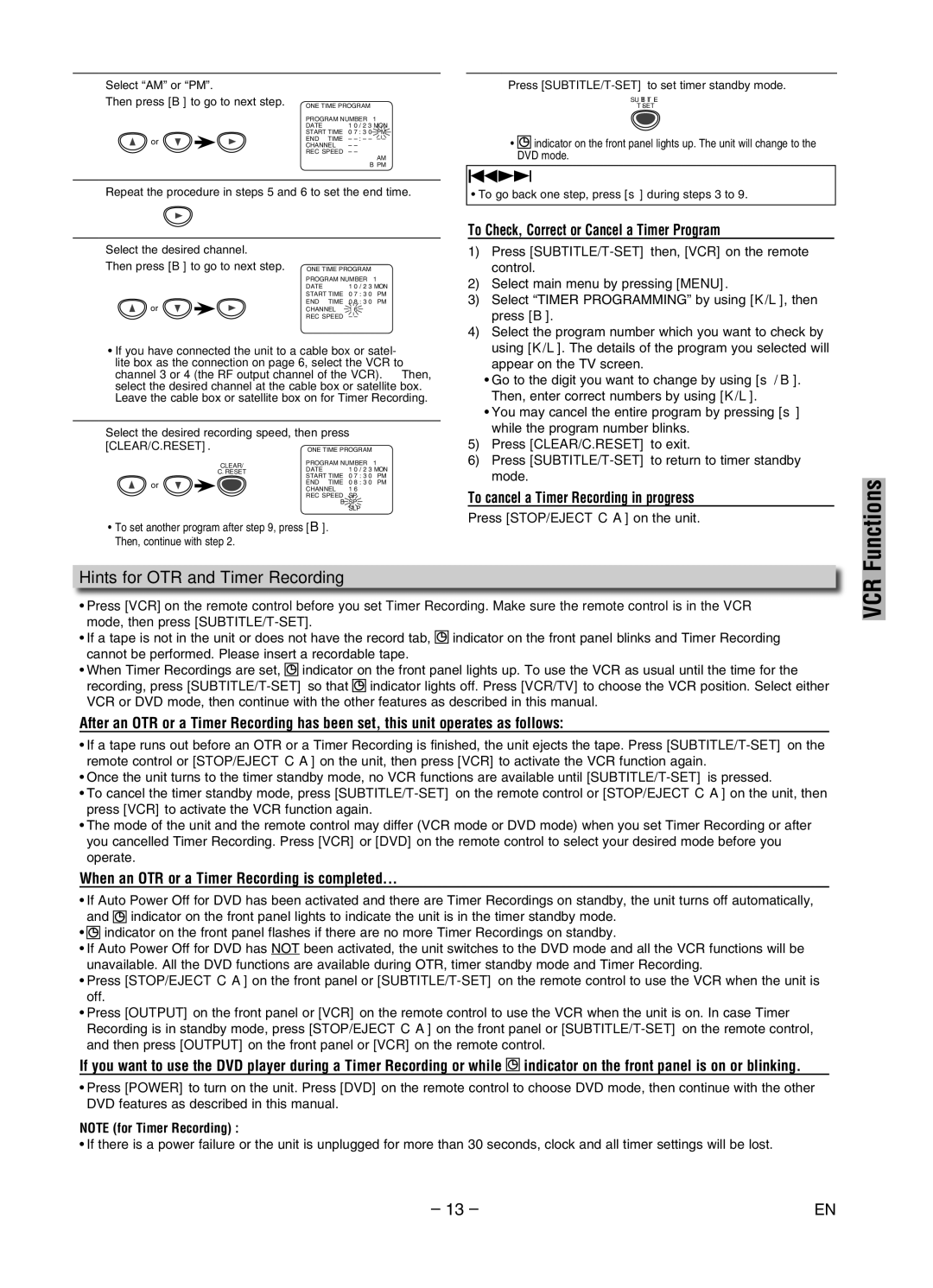 Sylvania DVC840G owner manual Functions, Hints for OTR and Timer Recording, To Check, Correct or Cancel a Timer Program 