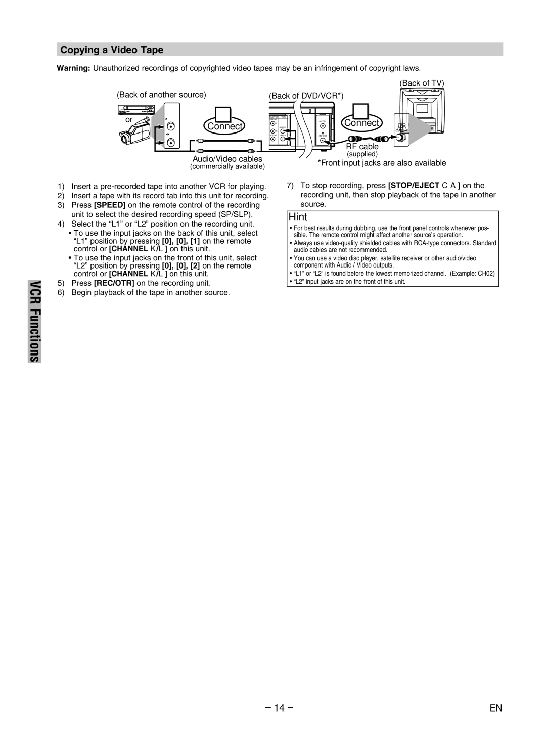 Sylvania DVC840G owner manual Copying a Video Tape, Connect, Back of another source Back of DVD/VCR 