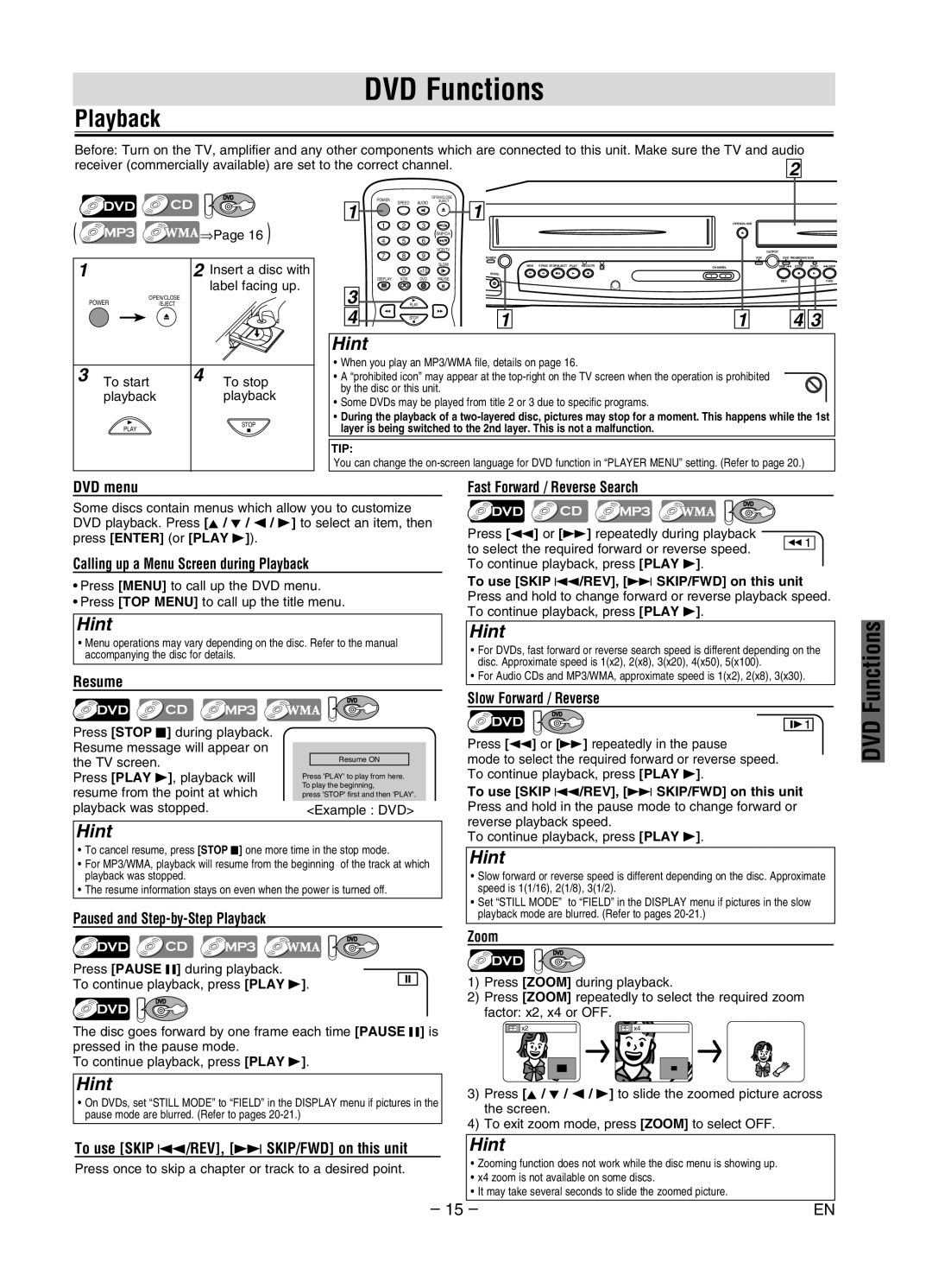 Sylvania DVC840G owner manual DVD Functions 