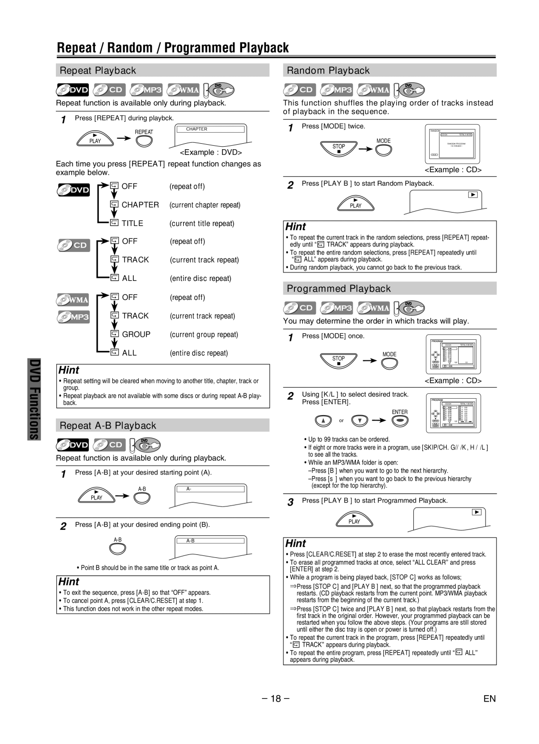 Sylvania DVC840G owner manual Repeat / Random / Programmed Playback, Repeat Playback, Random Playback, Repeat A-B Playback 