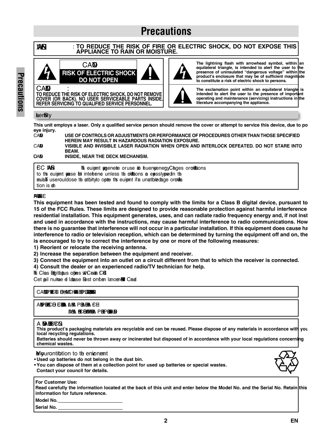 Sylvania DVC840G owner manual Precautions, Laser Safety, Make your contribution to the environment 