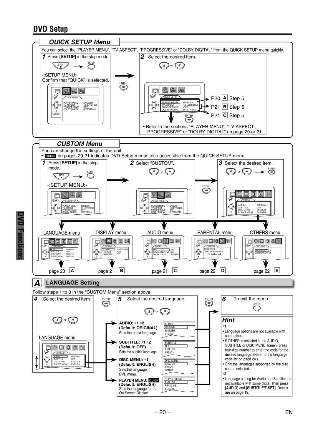 Sylvania DVC840G owner manual DVD Setup, Quick Setup Menu, Custom Menu, Language Setting 