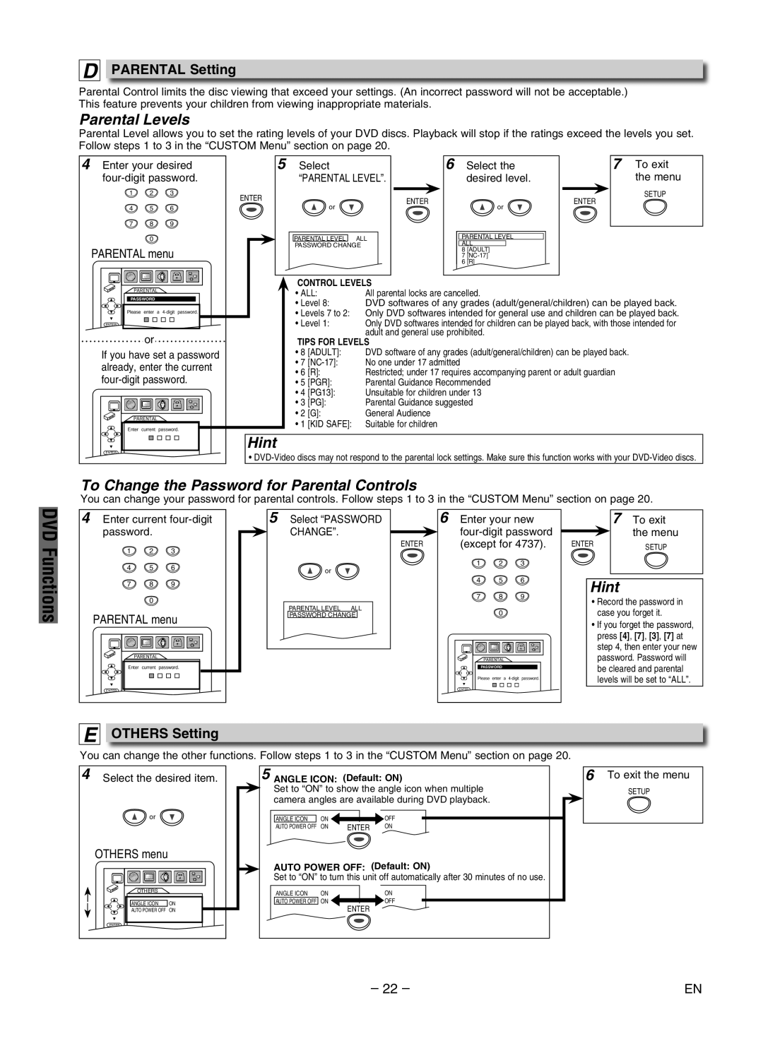 Sylvania DVC840G Parental Levels, To Change the Password for Parental Controls, Parental Setting, Others Setting 