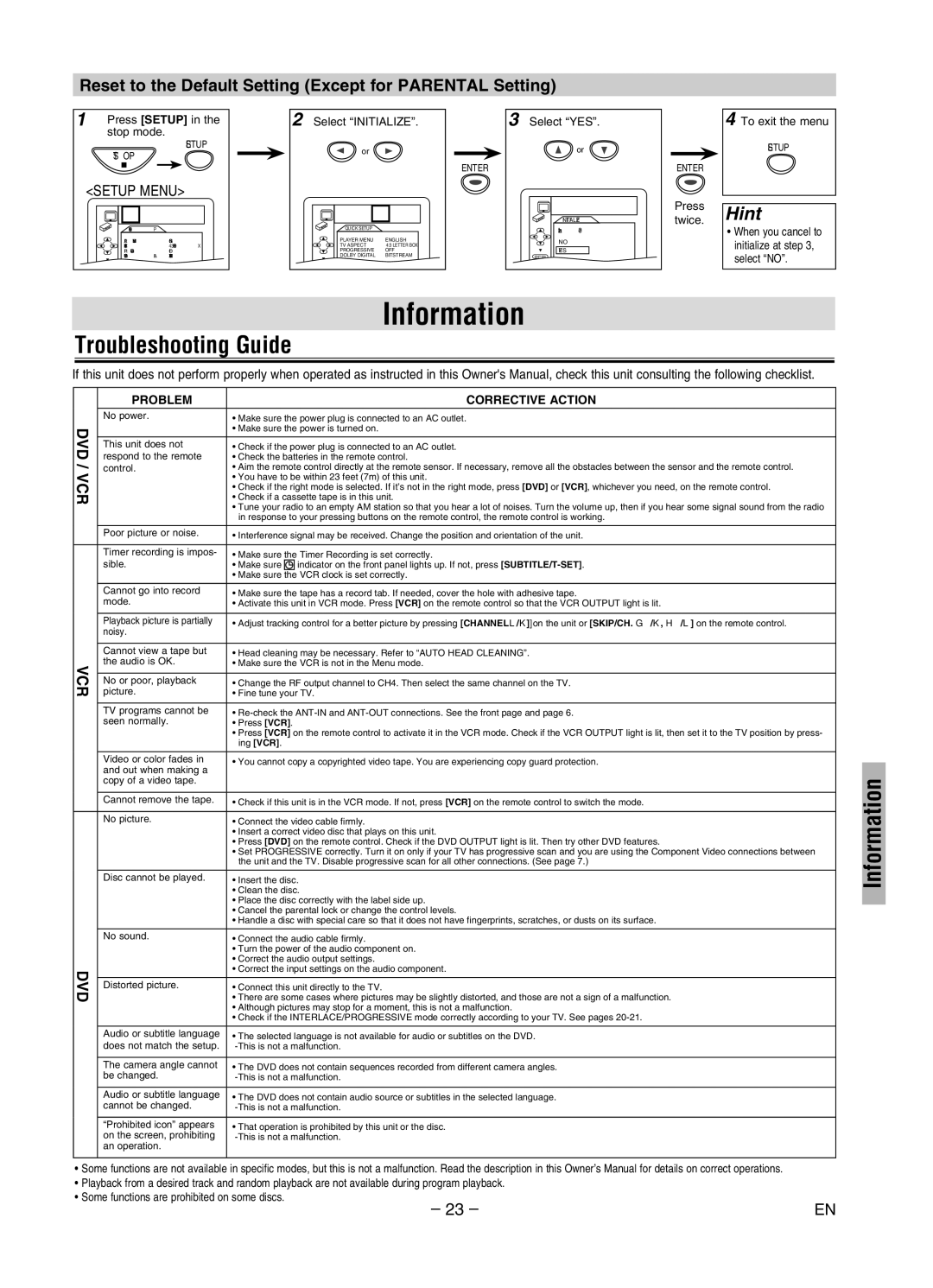 Sylvania DVC840G owner manual Information, Troubleshooting Guide, Reset to the Default Setting Except for Parental Setting 