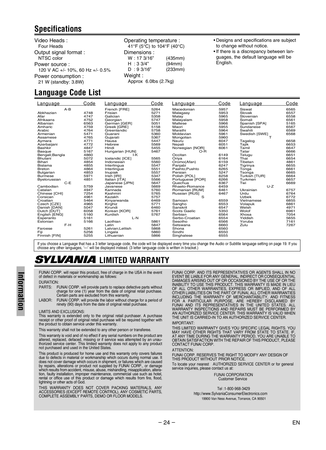 Sylvania DVC840G owner manual Specifications, Language Code List 