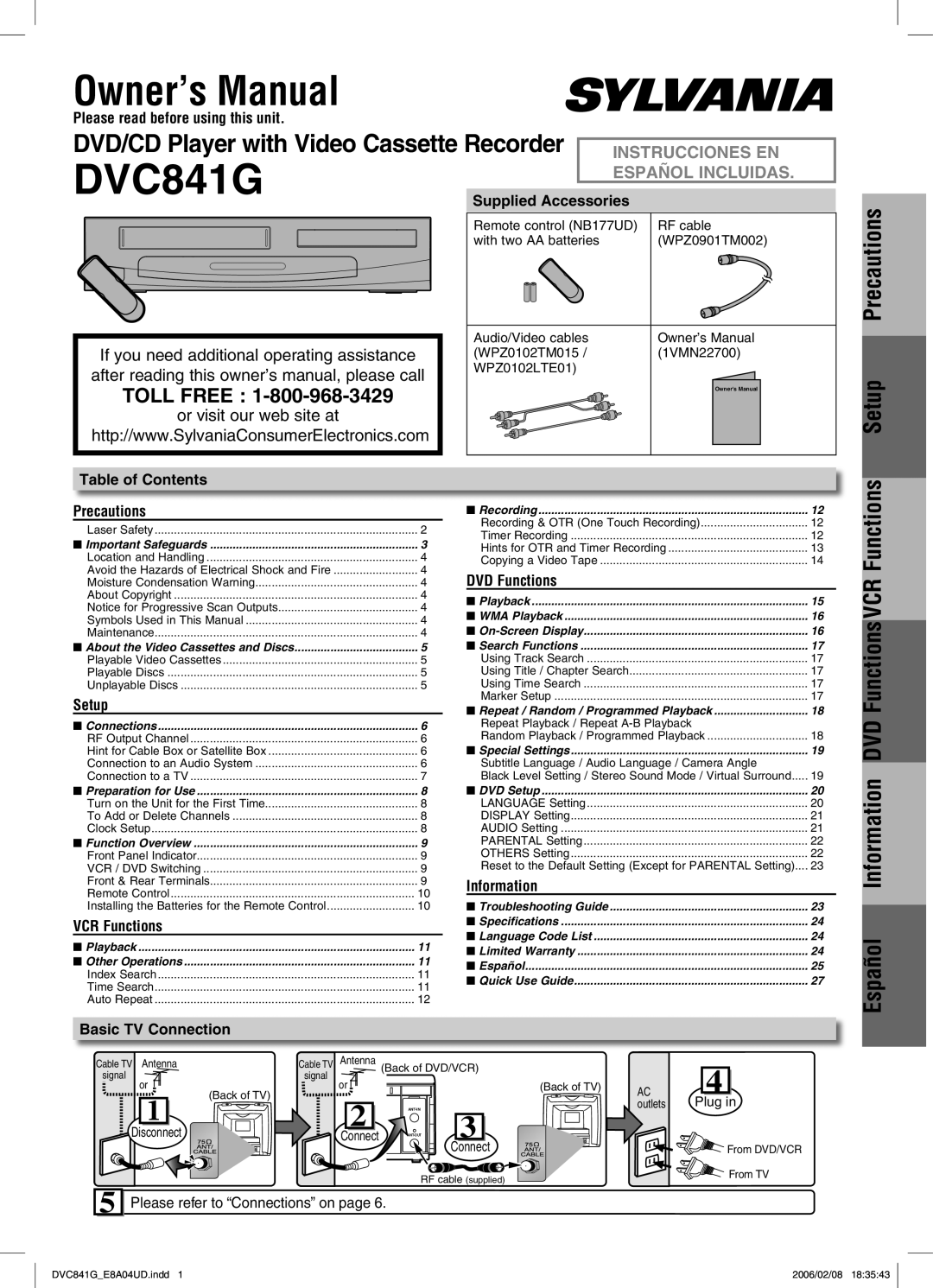 Sylvania DVC841G owner manual Precautions, Español Information DVD Functions VCR Functions Setup 