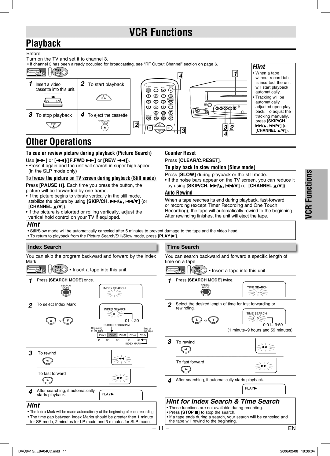 Sylvania DVC841G owner manual VCR Functions, Playback, Other Operations, Hint Hint for Index Search & Time Search 