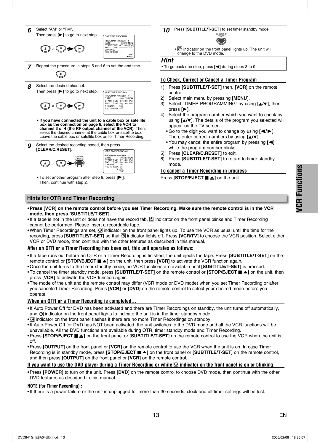 Sylvania DVC841G owner manual Hints for OTR and Timer Recording, To Check, Correct or Cancel a Timer Program 